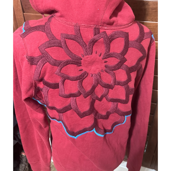 Lucky Brand Hoodie Womens L Embroidered Red Sweatshirt Lotus Boho - Picture 1 of 7